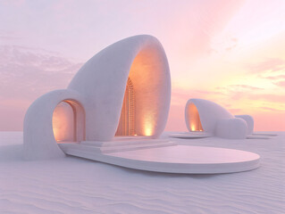 Wall Mural - A futuristic minimal bamboo building with round windows is surrounded by snow.