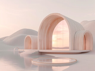 Wall Mural - A futuristic minimal bamboo building with round windows is surrounded by snow.