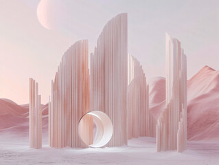 Wall Mural - A futuristic minimal bamboo building with round windows is surrounded by snow.
