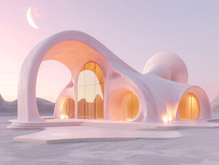 Wall Mural - A futuristic minimal bamboo building with round windows is surrounded by snow.