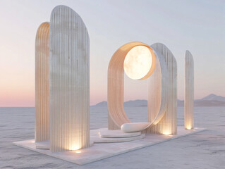 Wall Mural - A futuristic minimal bamboo building with round windows is surrounded by snow.