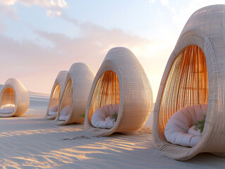 Wall Mural - A futuristic minimal bamboo building with round windows is surrounded by snow.