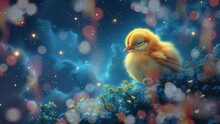 Cute Yellow Chick Sleep At Night. Relaxing Seamless 4k Loop Animation Background. Lullaby Baby Footage