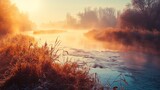 Fototapeta  - Fantastic foggy river with fresh grass in the sunlight. Dramatic unusual scene. Warm sundown on Dnister. Ukraine, Europe. Beauty world. Retro and vintage style, soft filter. Instagram toning effect.