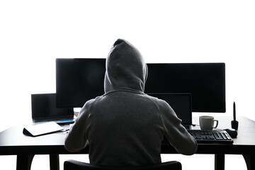 Poster - Back view of a person in a hoodie working with multiple monitors, cybersecurity concept