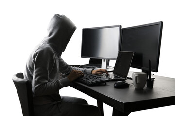 Wall Mural - Hooded figure operating computer, dark theme suggesting cybersecurity or hacking activity