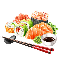 Japanese Sushi set. Hand drawn watercolor illustration isolated  on white background