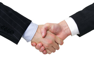 Aufkleber - Detailed handshake between two businesspeople in formal attire, isolated on white