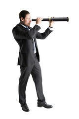 Poster - Determined executive peering through a telescope, concept of ambition and foresight