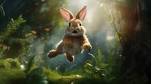 A Cute Little Fluffy Rabbit Is Jumping In A Green Meadow. Spring Flower Meadow. Easter Holiday.