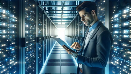 young man use digital tablet in data center