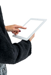 Poster - Woman finger touch tablet mockup screen, isolated over white background