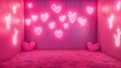 Leinwandbild Motiv Festive valentine's day photo studio magenta background: pink fluffy pillows and decorative details, blankets and carpets, led hear-shaped lamps