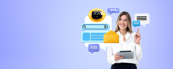 Poster - Woman with tablet, chat bot speech bubbles and communication