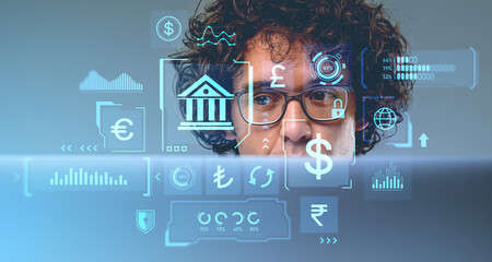 Poster - Businessman and central bank digital currency hologram with dashboard
