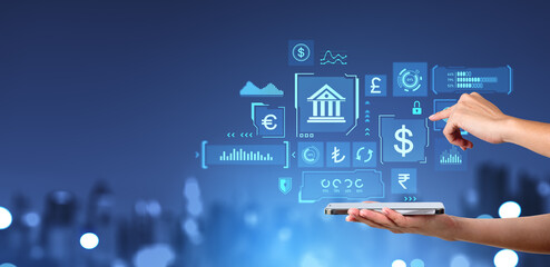 Poster - Woman hand with phone and CBDC interface in city