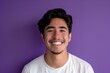 © yj - a smiling young hispanic man against a purple background, in the style of minimalistic modern. generative AI