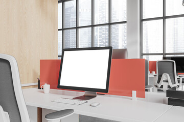 Poster - Coworking interior with pc computer on table with mockup display, window