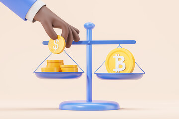 Poster - Man hand putting dollars and bitcoin on scales