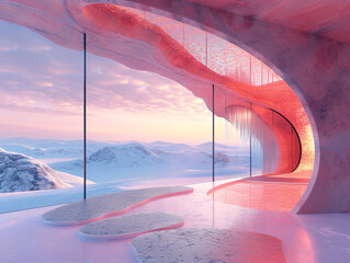 Wall Mural - A pink concrete archway with steps leading to a door that opens to a pink sky and clouds.
