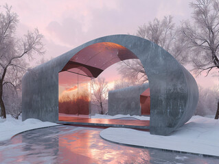 Wall Mural - A pink concrete archway with steps leading to a door that opens to a pink sky and clouds.