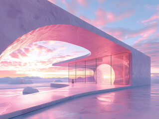 Wall Mural - A pink concrete archway with steps leading to a door that opens to a pink sky and clouds.