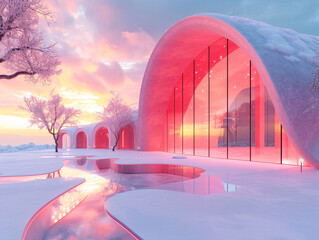 Wall Mural - A pink concrete archway with steps leading to a door that opens to a pink sky and clouds.