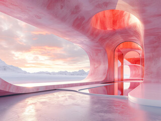 Wall Mural - A pink concrete archway with steps leading to a door that opens to a pink sky and clouds.