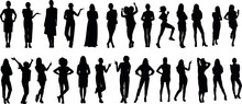 Stylish Women Silhouette In Diverse Poses, Collection Of Woman Showcasing Fashion And Elegance On A White Background, Perfect For Design, Art, And Fashion Projects