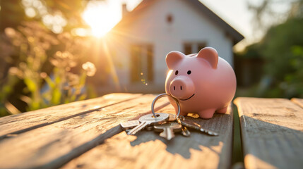 Piggy bank with house keys on a wooden table, with a blurred residential home in the background during sunset, concept of savings for home purchase, mortgage plan, property investment