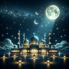 Beautifull Islamic mosque with moon stars lanterns at night Ramadan kareem Eid Mubarak greeting 8