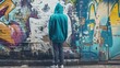 Against a wall adorned with street art, a stylish urbanite wears a deep teal hoodie, the unconventional color choice making a bold statement.mockup concept