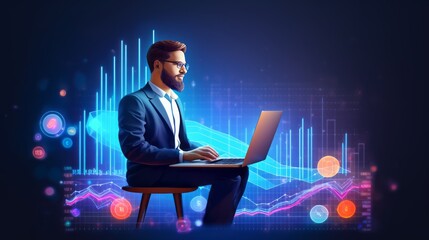 Poster - Business data analytics: man boosting sales with laptop and rising graph - revenue growth strategy