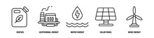 Set Of Wind Energy, Solar Panel, Water Energy, Geothermal Energy, Biofuel Icons, A Collection Of Clean Line Icon Illustrations With Editable Strokes For Your Projects