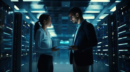 Poster - Tech professionals: female system admin & male it specialist discussing, using laptop in cloud computing server farm