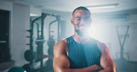 Canvas Print - Fitness club, arms crossed and black man happiness for gym, bodybuilding or exercise commitment. Dedication, portrait or male body builder determined for active lifestyle, training or sports activity