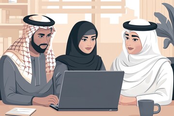 workers of the gulf region looking at the laptop screen