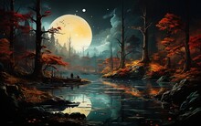 Halloween Night Landscape. Created With Ai