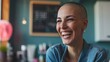 A woman with a buzz cut and a vibrant personality, laughing at a joke her dentist made to ease her nerves,