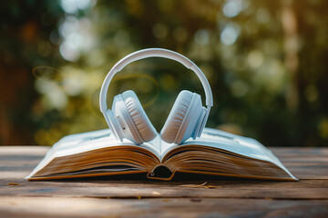 Wall Mural - 
opened book with big white headphones on it . Isolated on blurred background. Selective focus. Audiobook concept