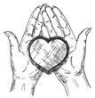 Heart in the palms of a man. Concept of love, charity, philanthropy and donation. Vector hand drawn sketch.