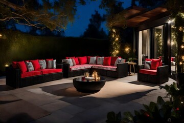 Wall Mural -  A captivating outdoor setting featuring sleek black & red striped furniture placed artfully against a natural backdrop, illuminated perfectly to enhance its allure.