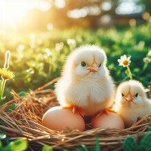 Cute Little Tiny Newborn Yellow Baby Chick And Three Chicken Farmer Eggs In The Green Grass On Nature Outdoor. Banner. Flare