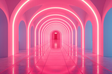 Poster - Arched corridor with red neon lights. Background image. Created with Generative AI technology