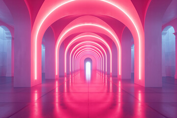 Poster - Arched corridor with red neon lights. Background image. Created with Generative AI technology