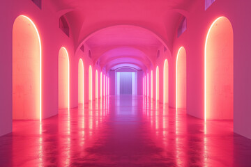 Poster - Arched corridor with red neon lights. Background image. Created with Generative AI technology