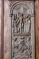 Wall Mural - Saint Julien cathedral, Le Mans, France. 16th century relief in the sacristy