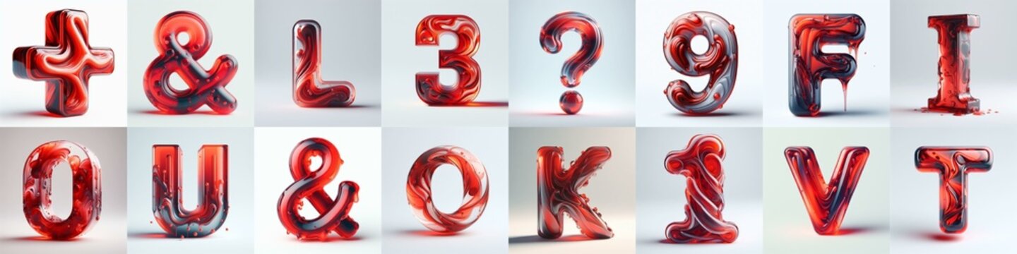 Red glass 3D Lettering Typeface. AI generated illustration