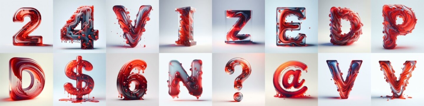 Red glass 3D Lettering Typeface. AI generated illustration