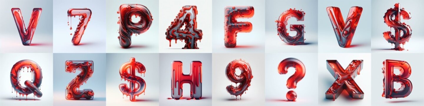Red glass 3D Lettering Typeface. AI generated illustration